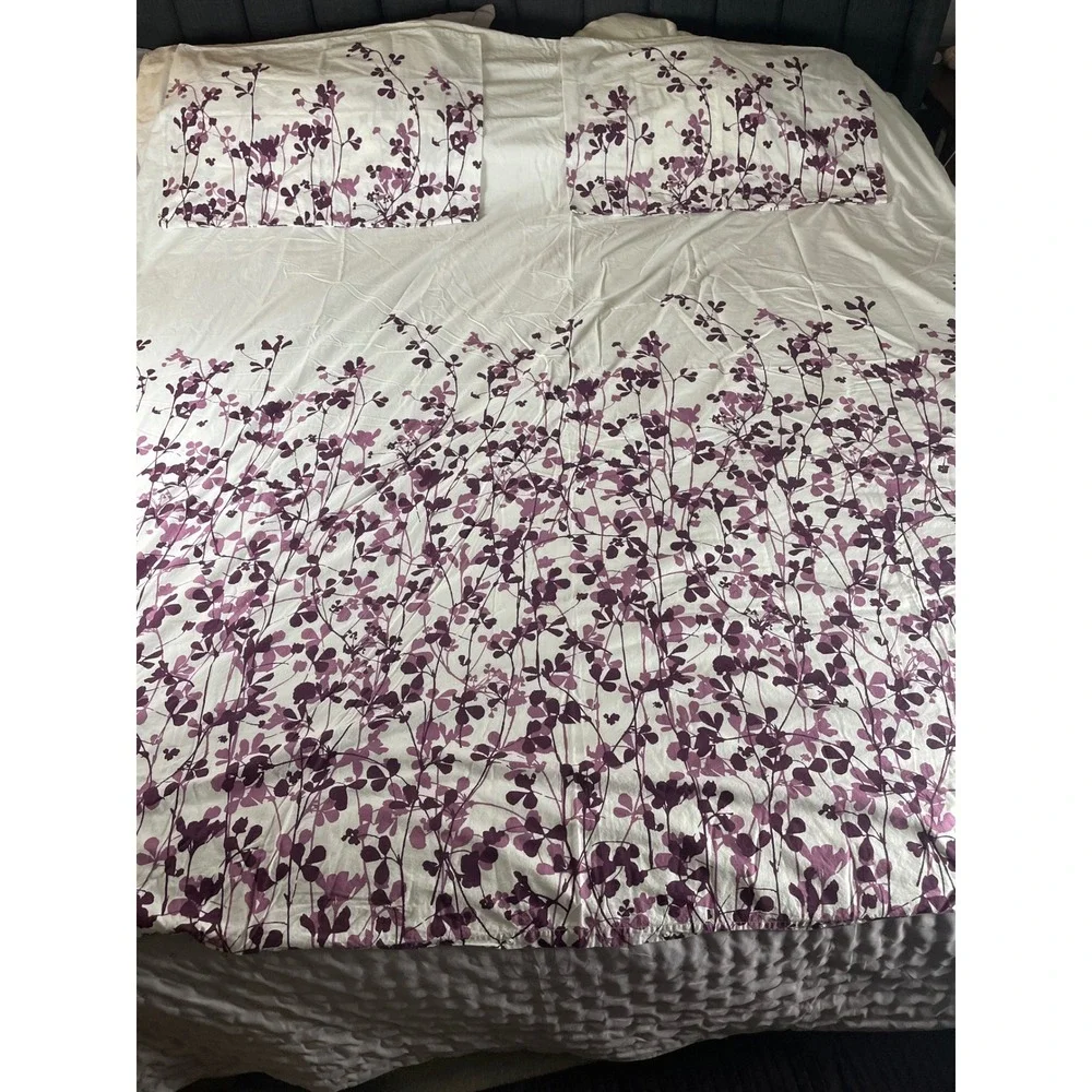 IKEA Ransby Duvet Cover Set Purple Floral White Cotton Full Queen 3pc 13867